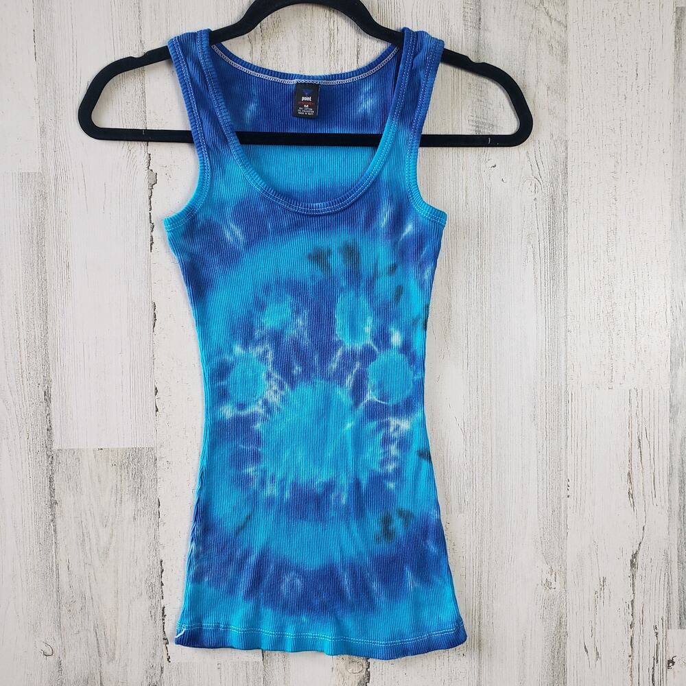 Point Sportswear Blue Dog Paw Print Tie Dye Ribbed Tank Top Women's Size Medium